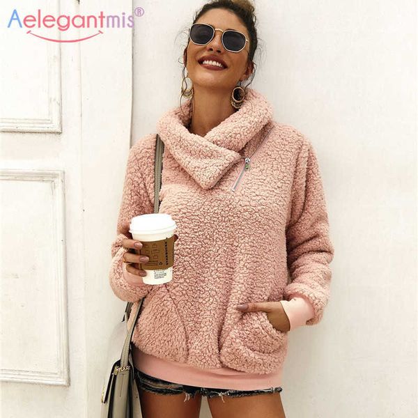 Aelegantmis Chic Mulheres Faux Pele Casaco Superized Pullover Sweater Fofinho Streetwear Outono Inverno Quente Pelúcia Teddy 210607