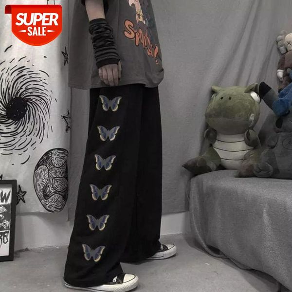 

wide-leg gothic punk black pants women butterfly print bottom couple straight loose drape dark street casual trousers summer #t87l, Black;white