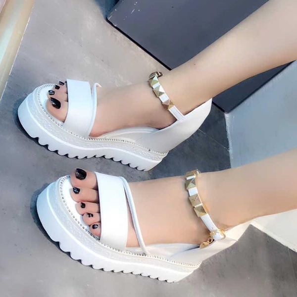 

sandals 10cm high-heeled women's slope with fish mouth sponge cake bottom beach roman shoes 2021 summer style, Black