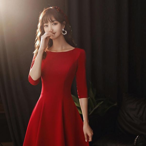 

office lady elegant o-neck formal party dress exquisite solid bride wedding dresses temperament classic banquet gown s-2xl, Red