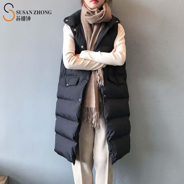

women's vests women vest female sleeveless parkas lady padded waistcoat long autumn winter loose straight stand collar flap pockets but, Black;white