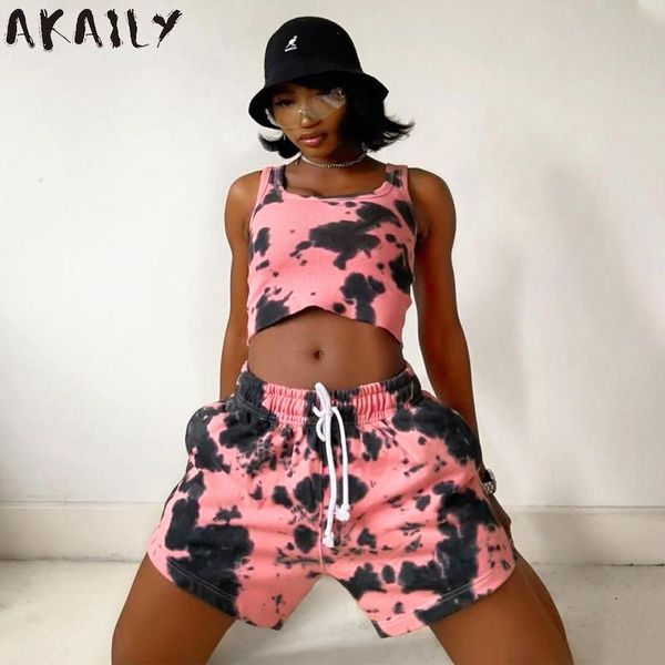 

women's tracksuits akaily women summer print 2 two piece sets tracksuit matching set female sleeveless bodycon crop high waist bike sho, Gray