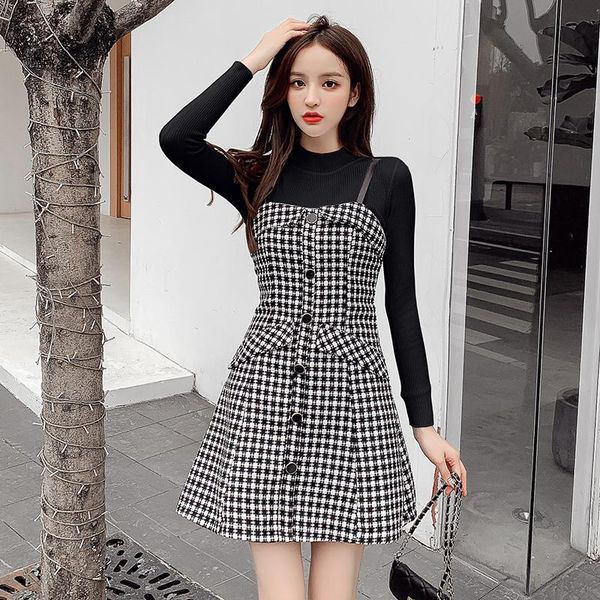 

casual dresses reduction of age show thin grid suit skirt to high female dell grain small western style with shoulder-straps, Black;gray