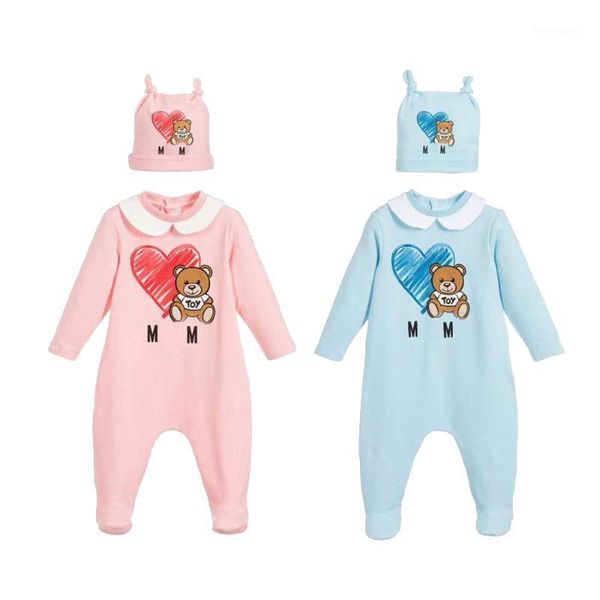

clothing sets 2021 fashion born baby girl clothes cotton print cute cartoon bear boy romper and hat bibs set1, White