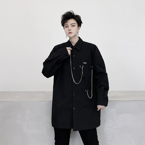 

male streetwear hip hop japan korea style loose black dress shirts men chain pendant casual long sleeve shirt, White;black