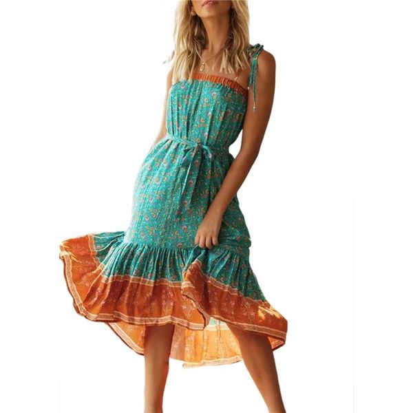 

2021 fashion trend women spaghetti strap swing dress backless boho floral printed summer beach holiday waist tie loose dress, Black;gray