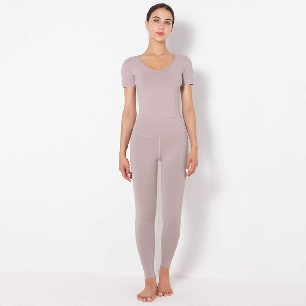 

solid color nude t-shirt friendly sports yoga v-neck short sleeve pants set, Gray