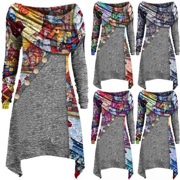 

women casual boho print blouses tunic round neckline shift irregular hem shirts ladies outwear blusas mujer de moda 2020, White