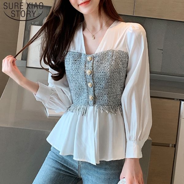 

solid white long sleeve shirt fashion office lady korean style women spliced chiffon blouse v-neck feminina shirt 8110 50 210315