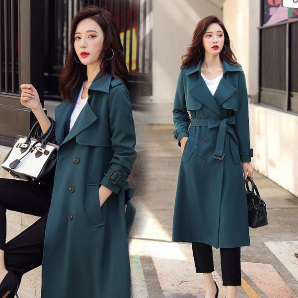 

new slim solid color lace-up jacket has a long lapel a knee-length wild british trench coat women coats and jackets women, Tan;black