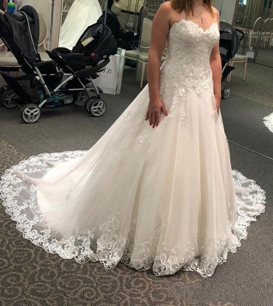 

arabric strapless lace appliques wedding dresses sweetheart sweep train zipper back wedding bridal gowns vestidoe de noiva, White