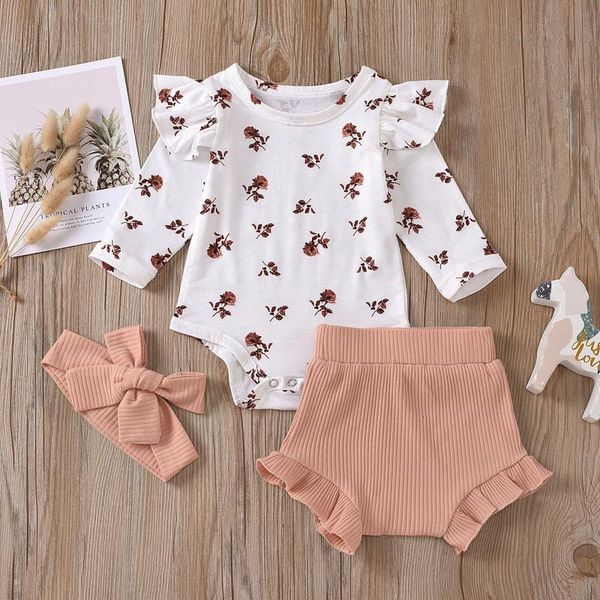 

clothing sets born infant baby girls flower print clothes romper pants hairband outfits set baby's rompers pink floral jumpsuit, White