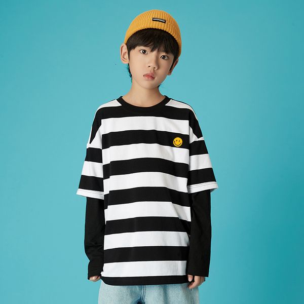 

hip children's fake two hop cartoon smile ek boys' long sleeve t-shirt, Black;white