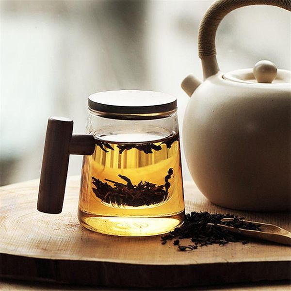 

mugs heat-resistant creative borosilicate glass tea transparent cup with filter wooden lid cover beech handle for water milk
