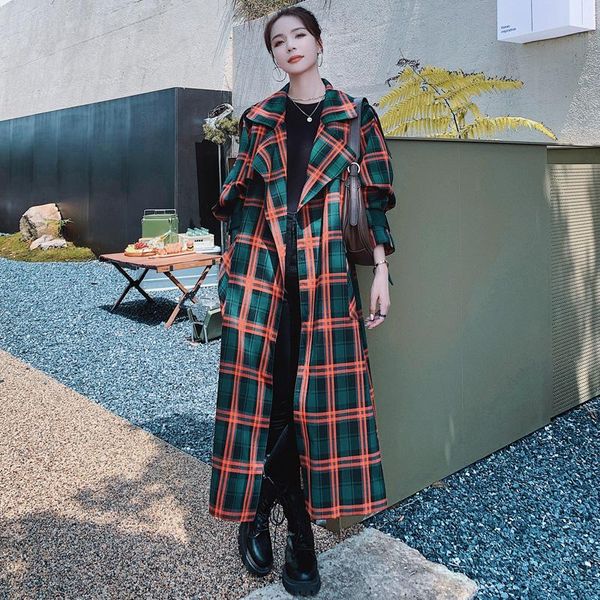 

women's trench coats brand long plaid coat women windbreaker with belt high street lady duster female outerwear autumn spring, Tan;black