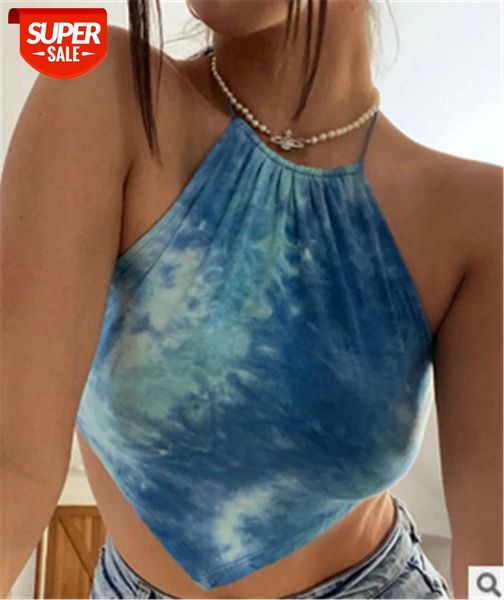 

hirigintie dyeing print off shoulder hlater tank vest crop 2021 women sleeveless backless lace-up club streetwear #it0u, White