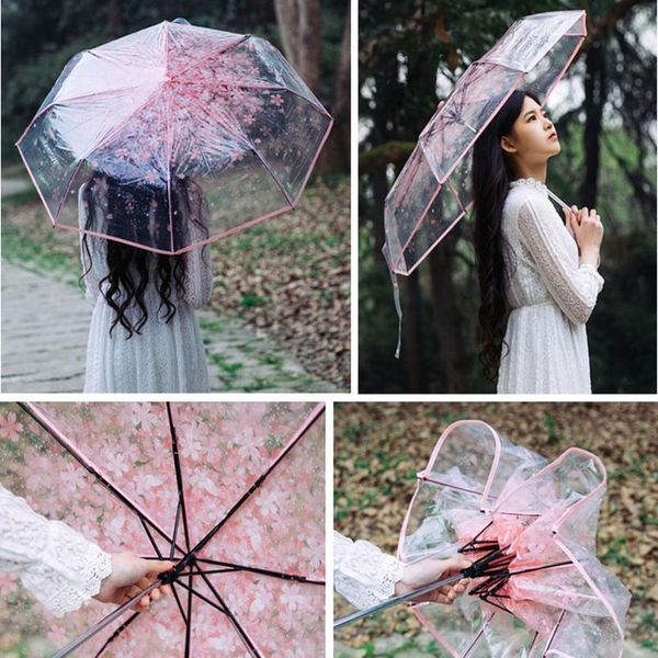 

three fold umbrella women transparent clear cherry blossom mushroom apollo sakura folding sunshade umbrella rain women qylccn