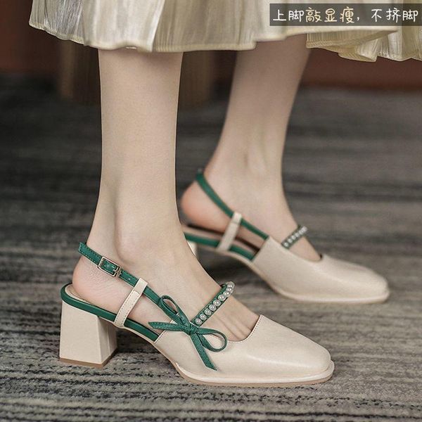 

sandals square toe woman,2021 summer block heels,mary janes pearls bowtie shoes,ankle buckle strap,green,orange,drop, Black