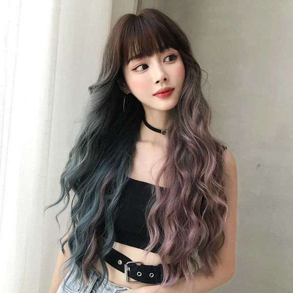

wig women's long hair mandarin duck big wave two color even bangs head cover, Black