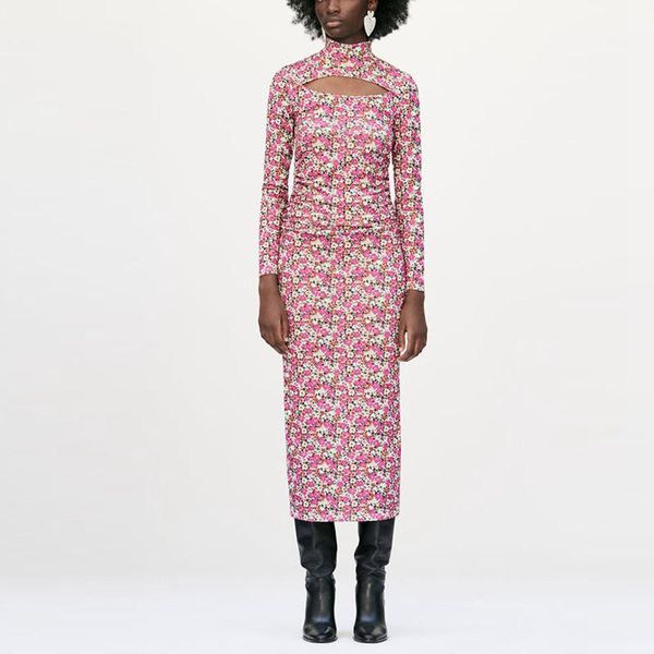 

casual dresses fashion floral long dress women stand collar sleeves hollow out party temperament, Black;gray