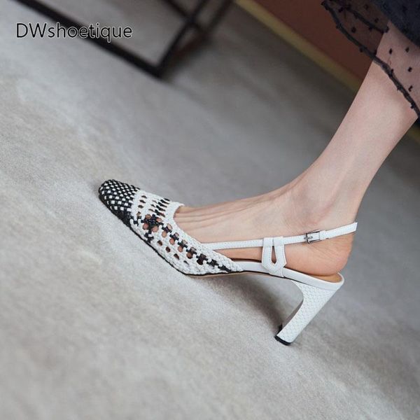 

dress shoes fashion woven square toe women high heel summer lady slingbacks, Black