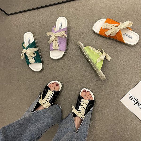 

slippers for women to wear summer 2021 net red niche fashion versatile lace up canvas shoes crystal jelly bottom sandal, Black