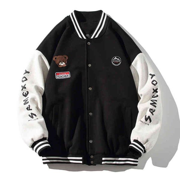 

women's jackets jaqueta bomber moderna feminina, casaco beisebol com urso fofo, rua, hip hop, listrado, solto, roupa uso externo p, Black;brown