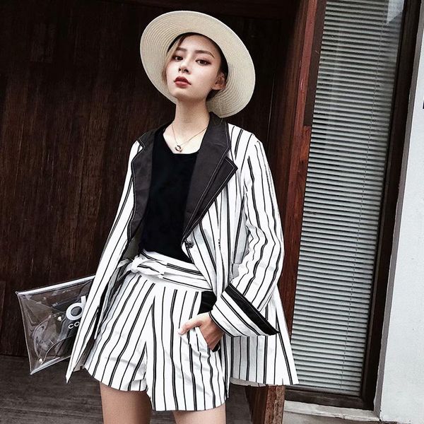 

women's suits & blazers geckoistail women fashion striped sashes blacers coat 2021 autumn open stitch belt bow notched female casual co, White;black