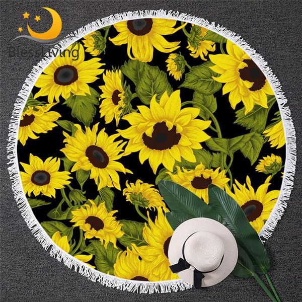 

towel blessliving sunflowers round beach flower blossoms microfiber bath towels yellow green summer blanket beautiful mat
