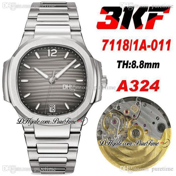 

3kf 7118-1a-011 a324 ultra thin automatic ladies watch 35.2mm smoke gray texture dial stick stainless steel bracelet womens watches super ed, Slivery;brown