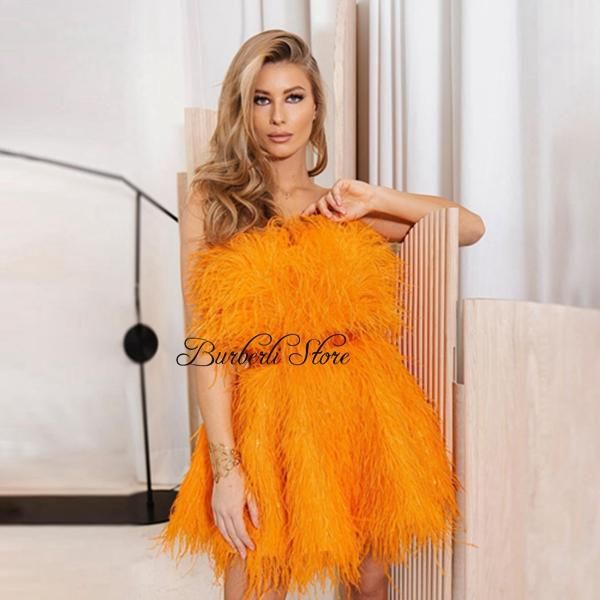

casual dresses 2021 high street orange feather short women to party strapless mini christmas dress luxury formal event gowns vestidos, Black;gray