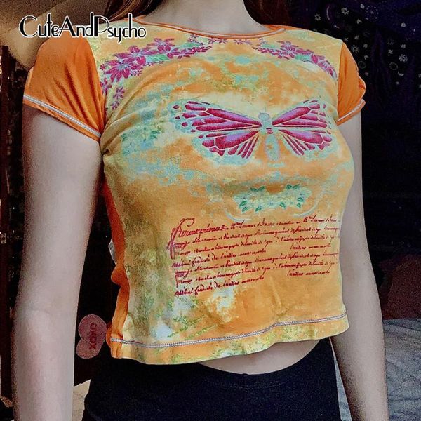 

women's t-shirt streetwear vintage butterfly y2k crop baby tees harajuku patchwork casual tshirts retro aesthetic 90s crewneck cuteandp, White