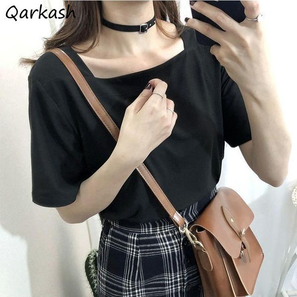 

women's t-shirt solid women short sleeve t-shirts square collar slim korean style students harajuku simple all-match summer ins casual, White