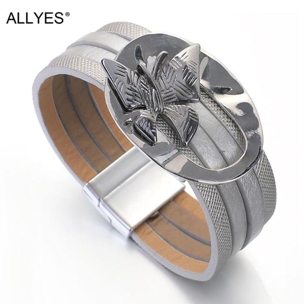 

tennis allyes trendy metal hollow round butterfly charms leather bracelet for women multilayer wrap bangle commute jewelry, Golden;silver