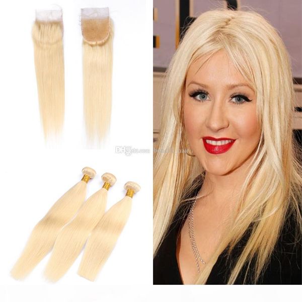 

blonde color straight hair 3bundles with lace closure malaysian virgin straight hair extensions with colored 613 lace closure 4x4, Black;brown