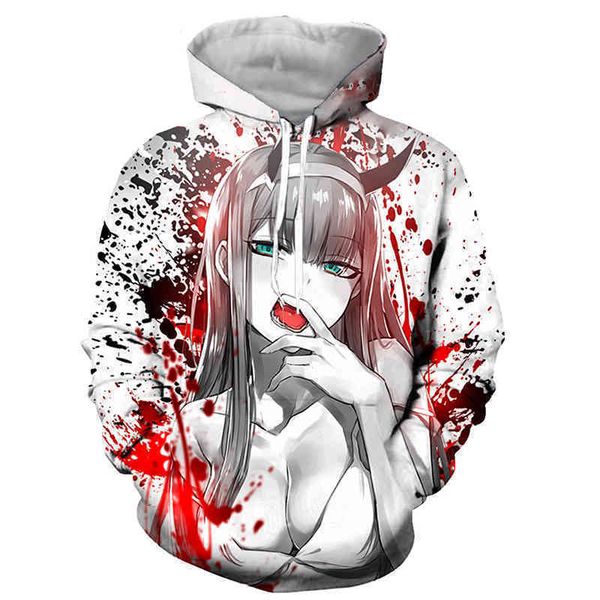 

male / female hoodie, darling in the franxx with 3d printing, men's animation harajuku style, hip hop, new fashion, Black