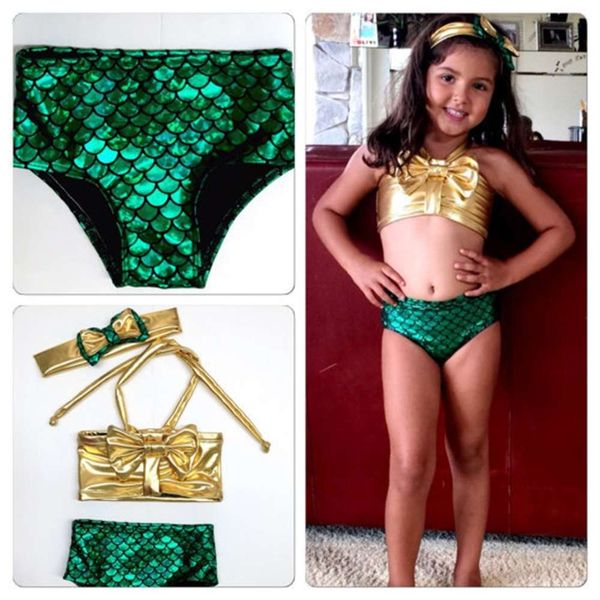 

mermaid swimsuit children's fish scale gold + l green girl's three piece, Blue