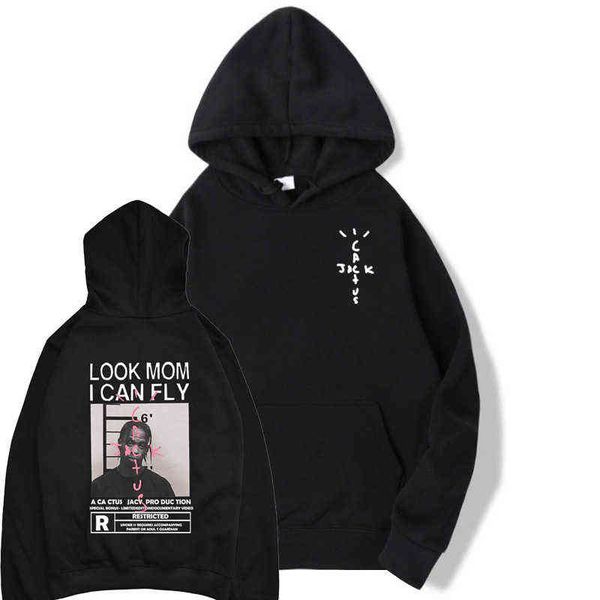 

look mom i can fly graphic hoodie travis scott cactus jack hoodies men women hip hop autumn winter fleece hooded sweatshirts, Black