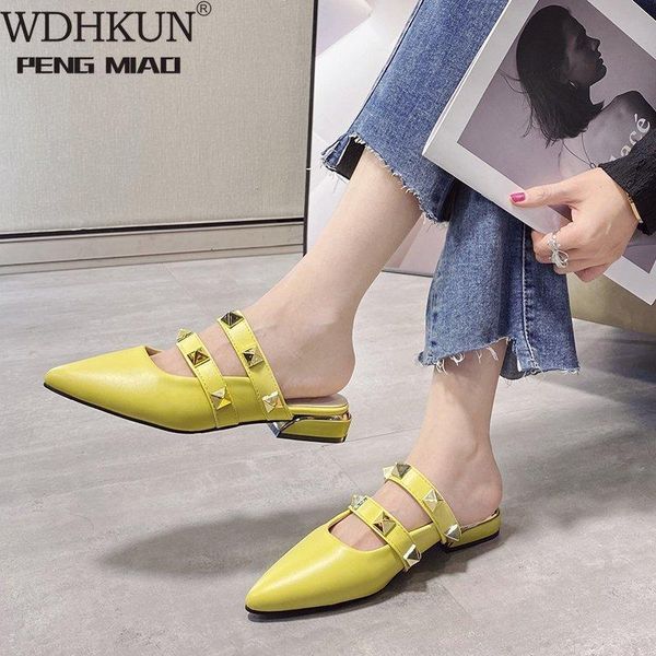 

slippers wdhkun 2021 brand women flat fashion rivet close toe mule shoes slip on casual loafers outdoor slides flip flops, Black