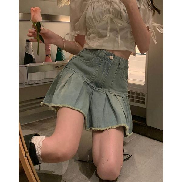 

women's jeans denim skirt women's high waist spice girl pleated 2021 summer small sweet cool a-line, Blue