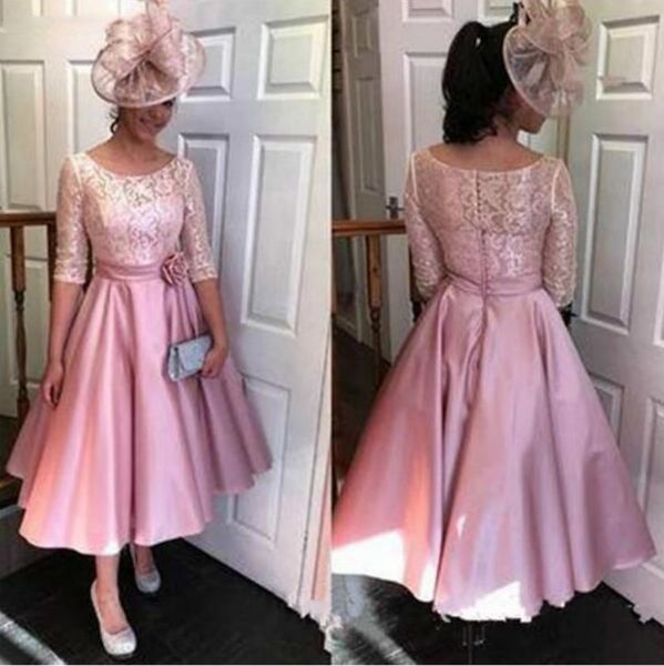 Vintage Curto Rosa Mãe da Noiva Vestidos Chá Comprimento Lace Cetim Formal Convidado Vestido Vestido Meia Manga Cheater Mães Festa De Festa de Prom