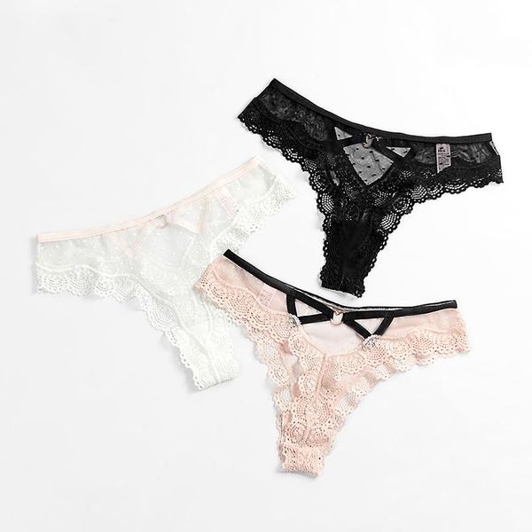 

europe and the united states non-trace thong female underwear lace transparent gauze ms t pants cotton in fork, Black;pink