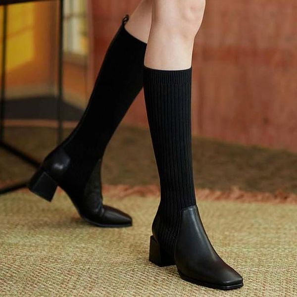 

boots autumn winter slim knee-high sock fashion knitting stretch women long female square toe high heel, Black