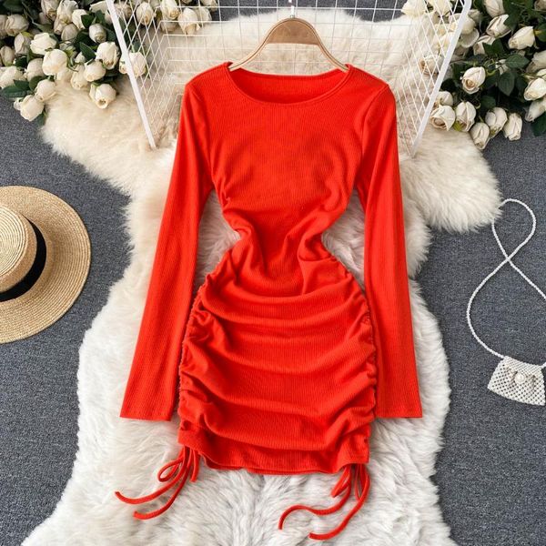 

casual dresses spring autumn women drawstring bodycon mini dress o-neck long sleeve high waist purple/white/beige vestidos female, Black;gray