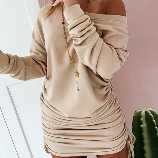 

autumn winter women long sleeve one shoulder drawstring bodycon sweater dress, Black;gray