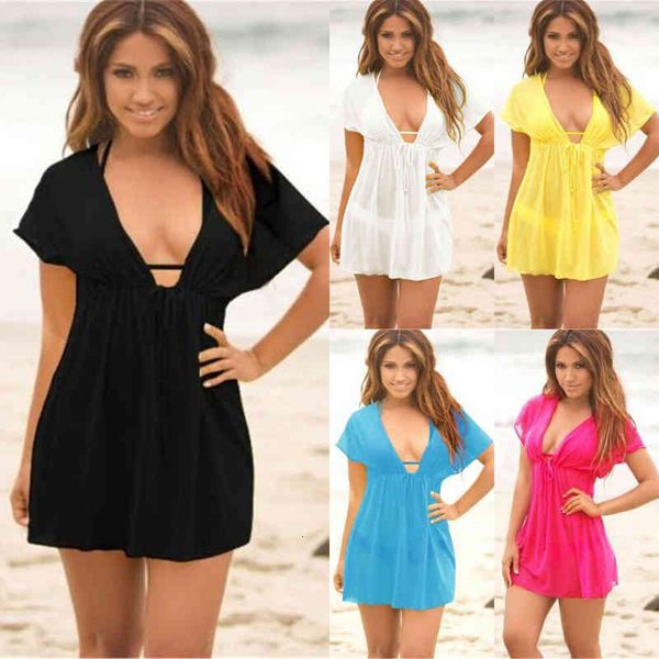 

summer women beach cover up swimsuit chiffon ladies v-neck dress bikini sun sarong beachwear monokini, White;black