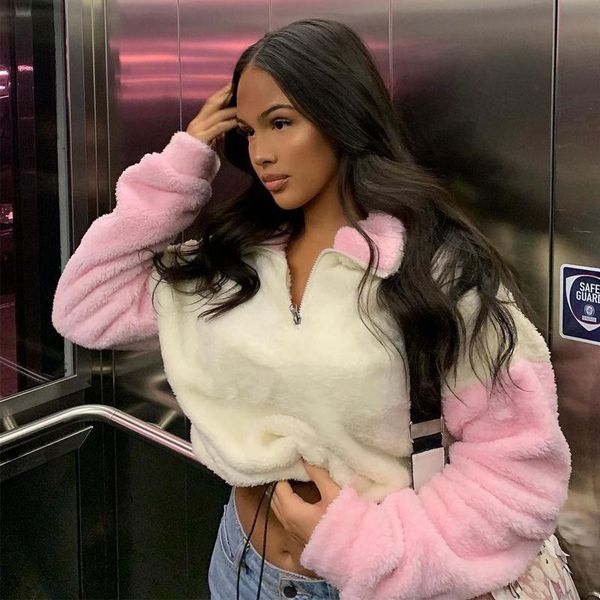 

women's hoodies & sweatshirts omsj warm winter women fashion colorblock fluffy fleece pullover sweatshirt casual half zipper long sleev, Black