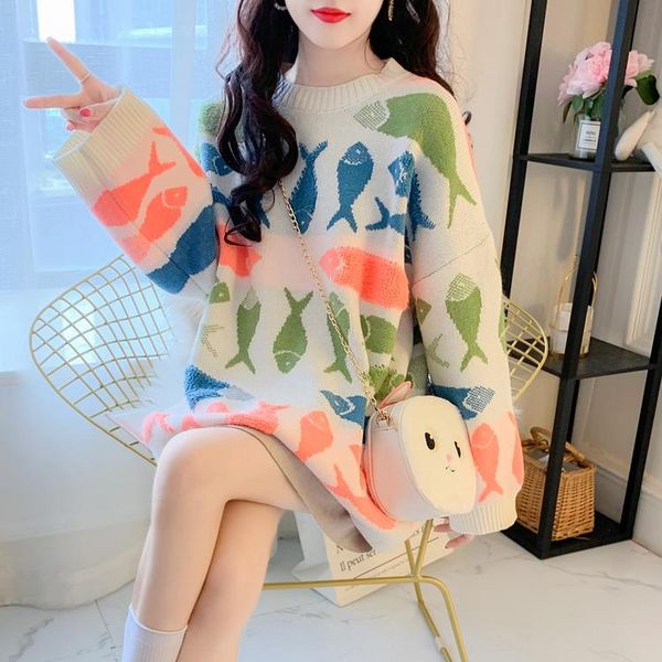 

women's sweaters women 2021 spring knitted sweater loose korean version fashion small fish embroidered pullover 46i, White;black