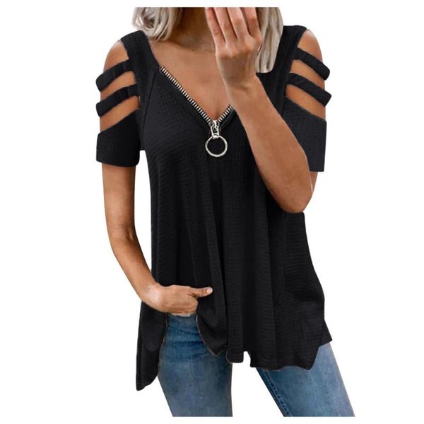 

women's blouses & shirts v-neck collar zipper blusas high street solid color cut out short sleeve ruffles womens and plus size cam, White