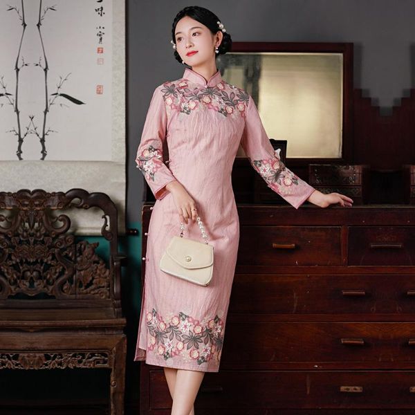 

ethnic clothing h.rong.x traditional chinese spring fall cheongsam dress fashion retro improved qipao elegant bodycon pink embroidered chipa, Red
